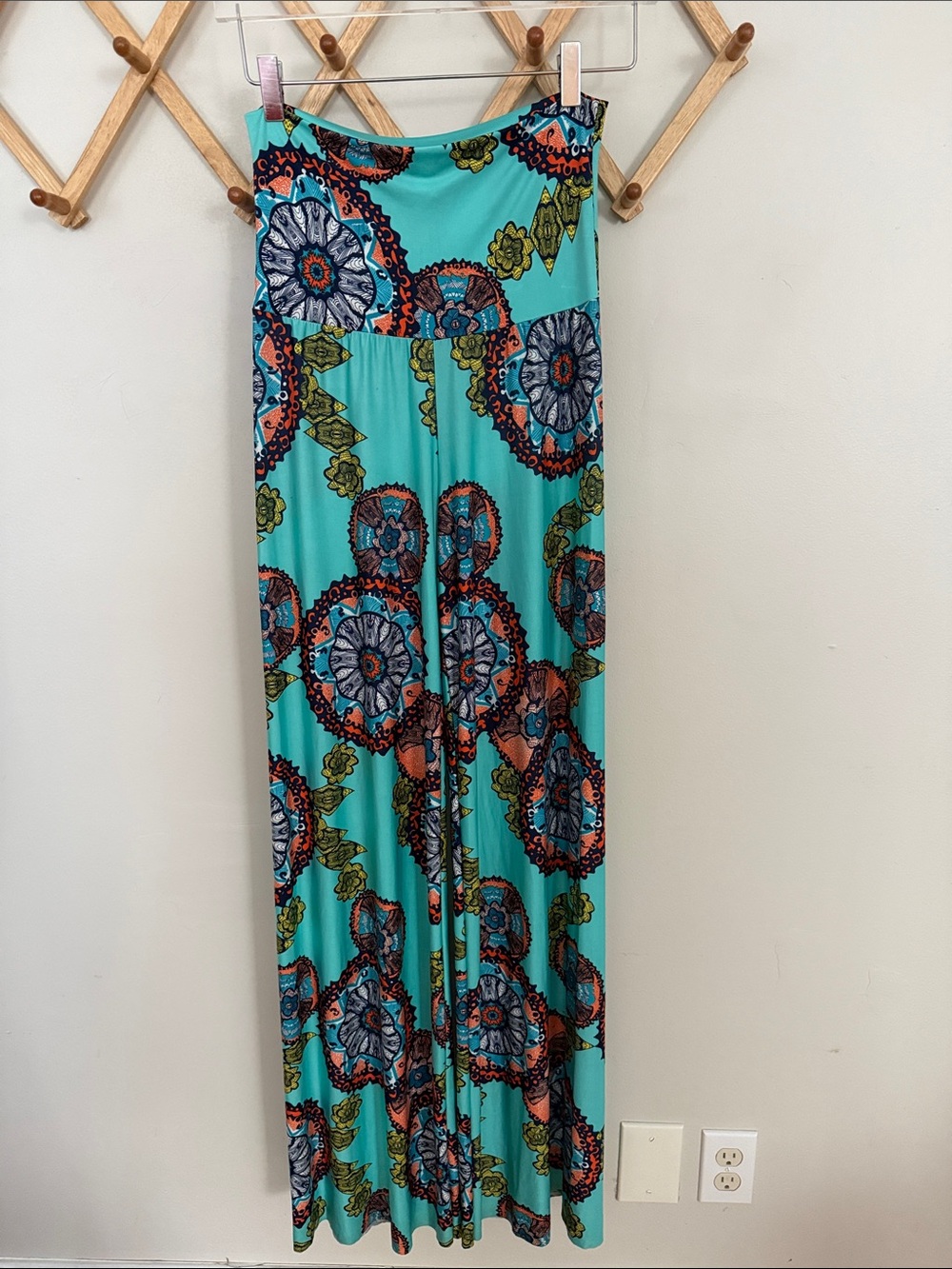 Kiki USA Womens Small Y2K Turquoise Floral Palazzo Wide Leg Pants Retro 70’s